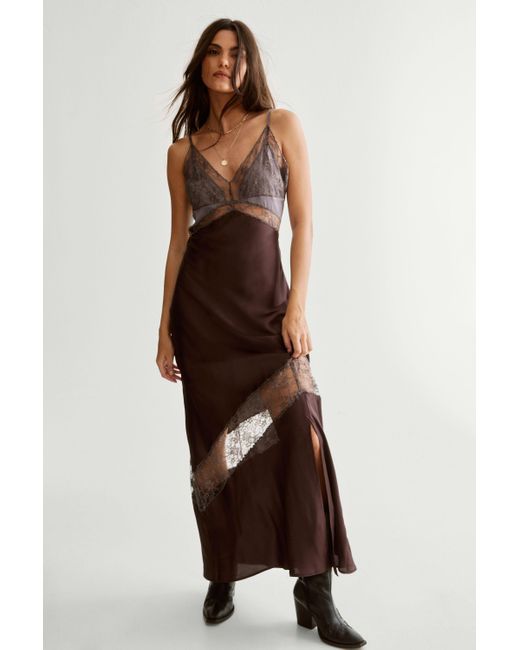 brown satin and lace dress Freilla Brown Satin Midi dress - US 10