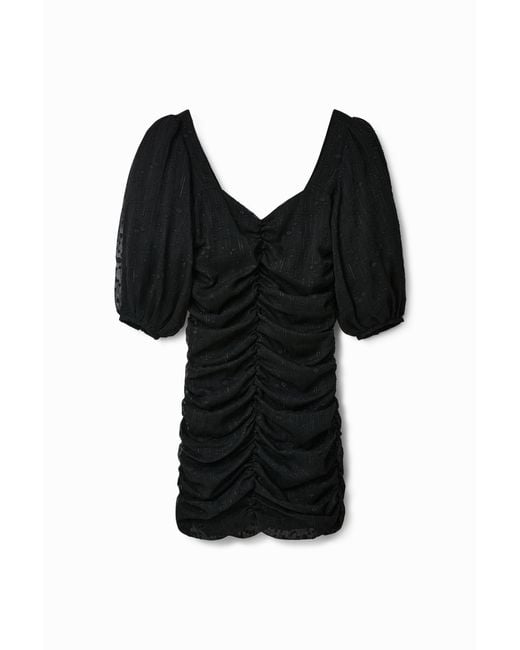 Desigual Black Short Ruched Dress With Polka Dots, Polyester