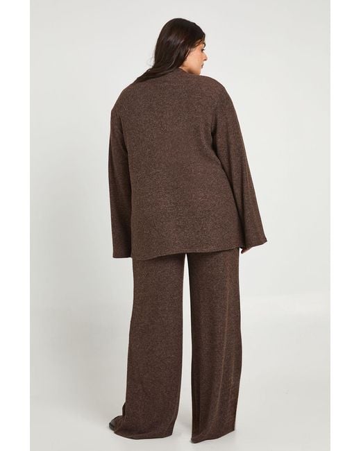 Boohoo Brown Plus Soft Rib Slouchy Cardigan & Wide Leg Trouser