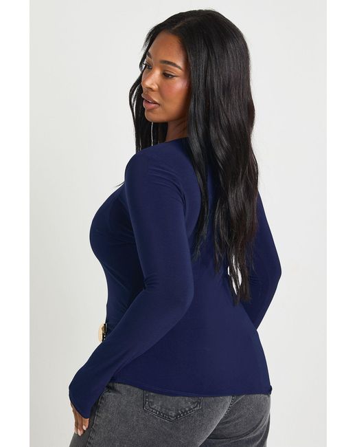 Boohoo Blue Plus Long Sleeve Ruched Trim Detail Top