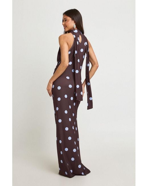 Boohoo Blue Tonal Polka Dot Print Scarf Detail Maxi Dress