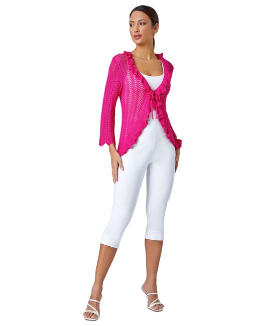 Roman Pink Pointelle Knit Frill Trim V-Neck Cardigan