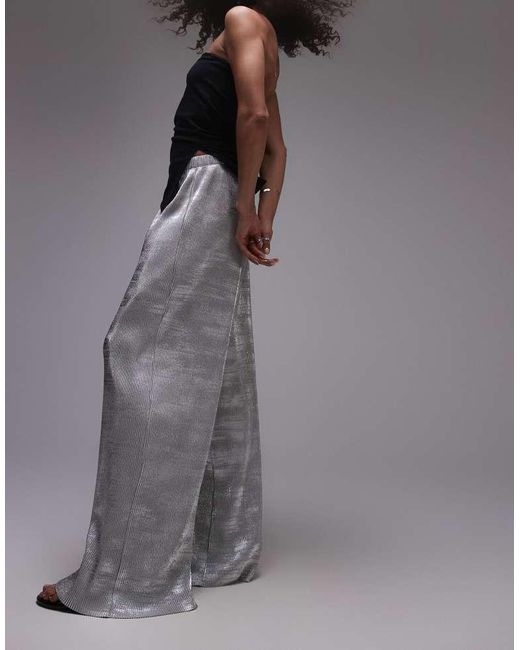 TOPSHOP Gray Foil Print Plisse Trouser