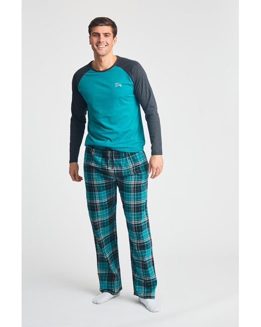 Tokyo Laundry Blue Cotton 2-Piece Long Sleeve Top And Bottoms Pyjama Set for men
