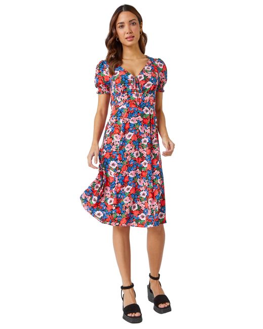 Roman Red Frill Sleeve Floral Tea Dress