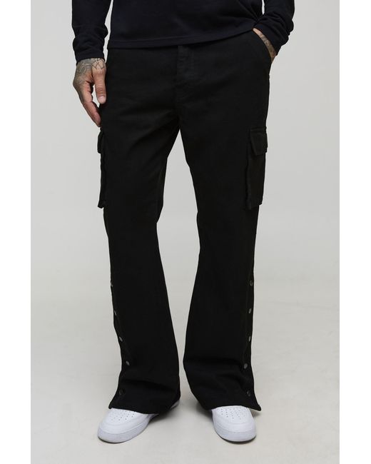 BoohooMAN Black Tall Relaxed Flare Overdye Popper Hem Cargo Trouser for men