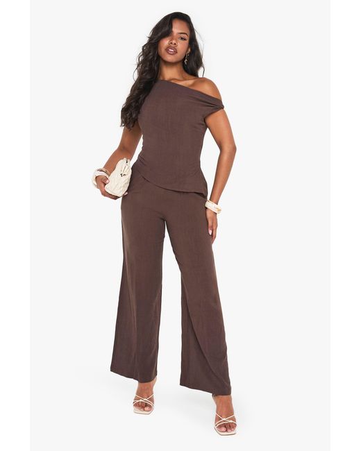 Boohoo Brown Linen Look Twist Strap Jumpsuit