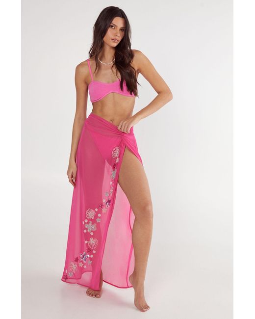 Nasty Gal Pink Embellished Shell Knot Front Maxi Beach Skirt
