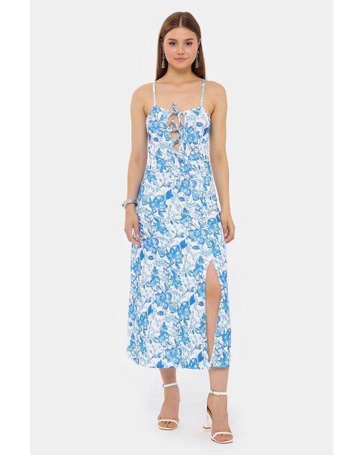 Hiccup Blue Floral Woven Midi Dress With Tie-Front