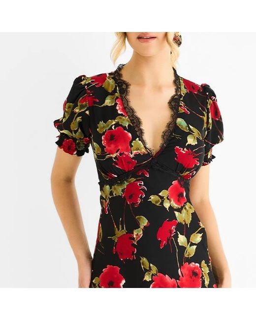Gini London Red Floral Lace Trim Detail Midi Dress