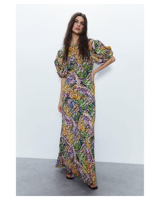 Warehouse Multicolor Patchwork Ditsy Puff Sleeve Maxi Dress