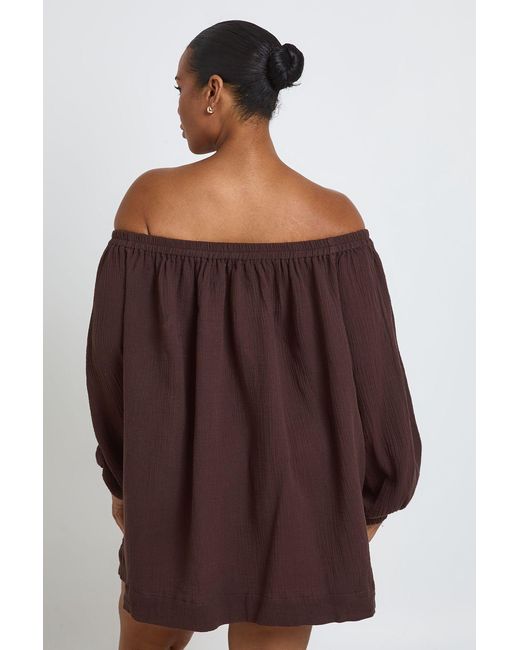Boohoo Brown Plus Bardot Volume Sleeve Beach Dress