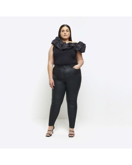 River Island Black Skinny Jeans Plus Coated High Waisted Viscose