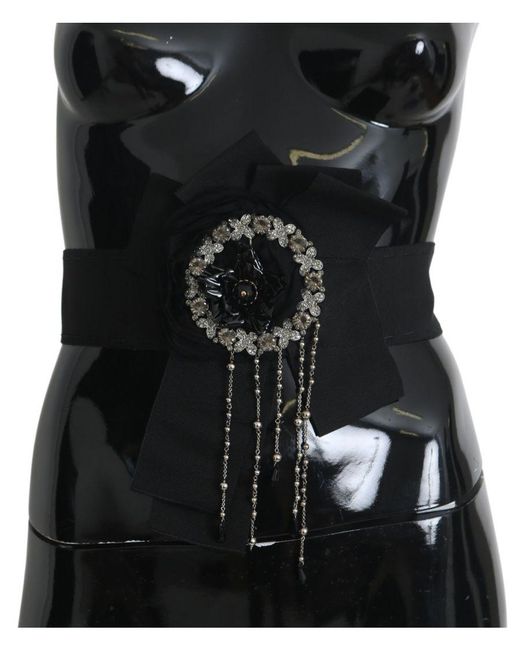 Dolce & Gabbana Black Crystal Brooch Wide Wai Satoria Belt Cotton