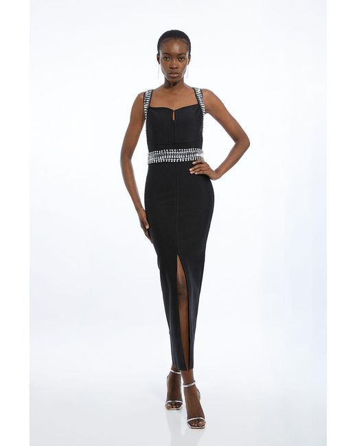 Karen Millen Black Bandage Figure Form Knit Embellished Maxi Dress