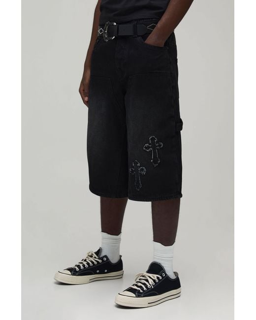 BoohooMAN Black Longline Cross Applique Carpenter Denim Jorts for men