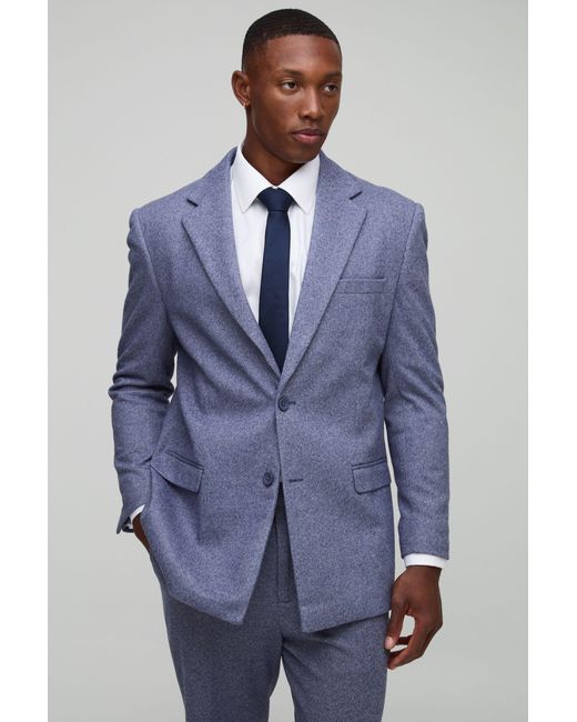 BoohooMAN Blue Straight Fit Herringbone Suit Jacket for men