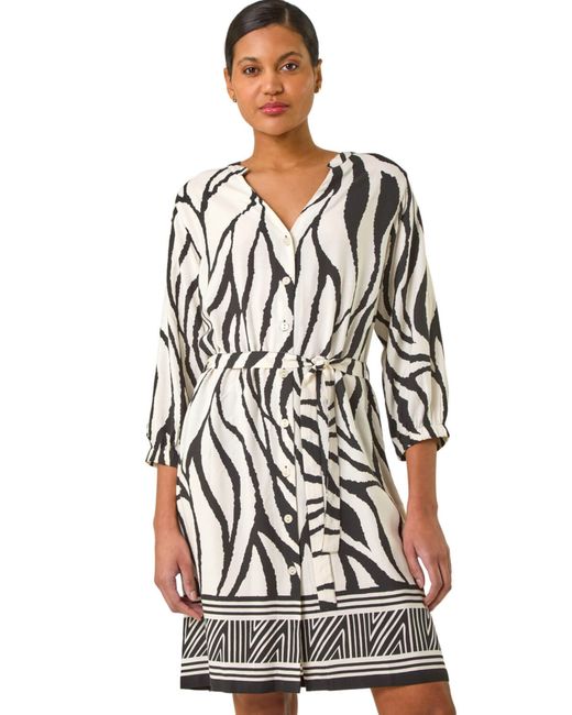 Roman White Abstract Border Tie Shirt Dress