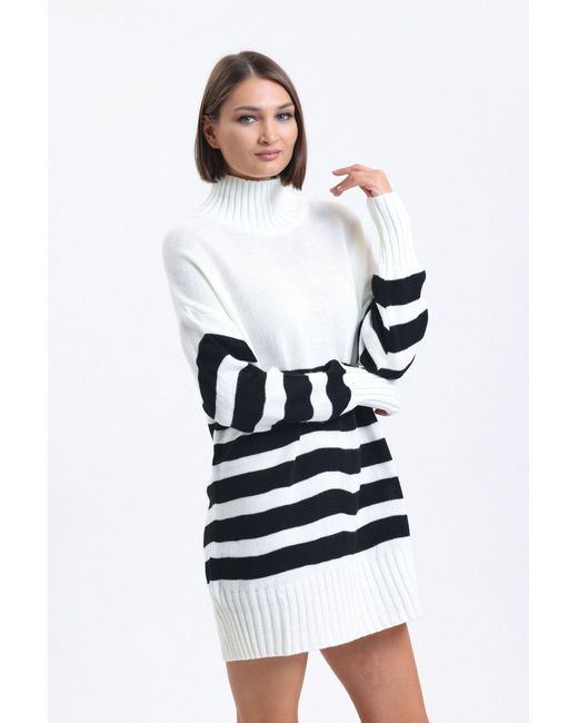 Hiccup White Striped High Neck Long Sweater