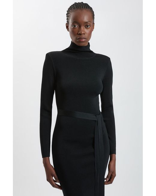 Karen Millen Black Slinky Drape Knit Power Shoulder Funnel Dress