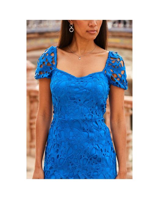 Sosandar Blue Cobalt Luxe Lace Detail Pencil Dress