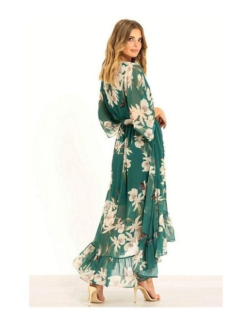 Yumi' Green Floral Print Kimono Midi Wrap Dress