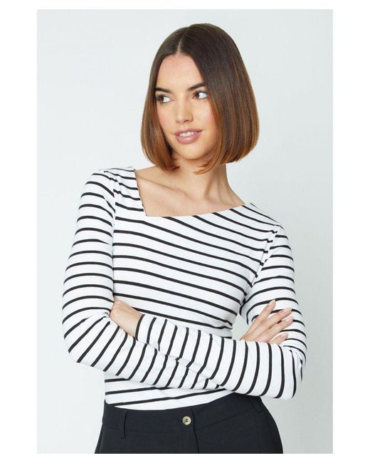 Oasis Gray Stripe Asymmetric Neck Jersey Top Cotton