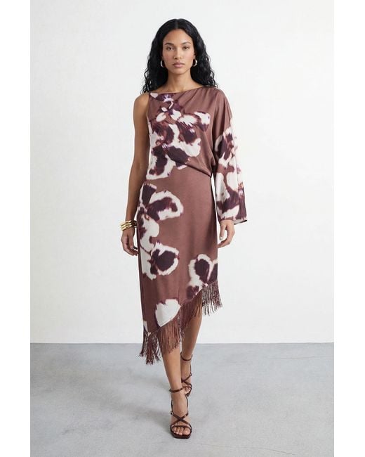 Warehouse Red Petite Placement Print One Shoulder Satin Midi Dress