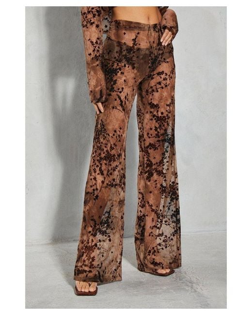 MissPap Gray Devore Mesh Floral High Waisted Wide Leg Trouser