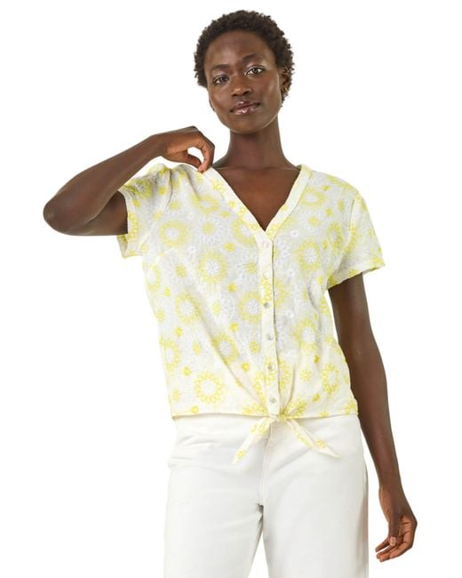 Roman Metallic Cotton Broidery Tie Front Blouse