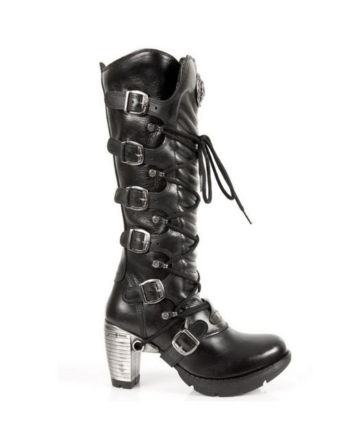 New Rock Black Ladies Buckle Laced Knee-High Boots- Tr004-S1