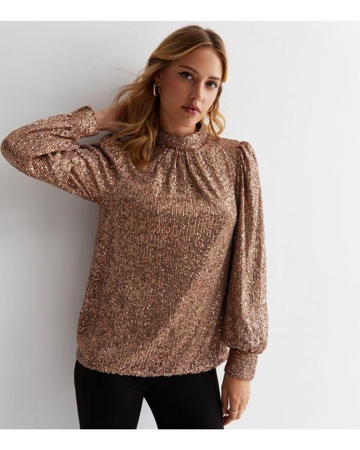 Gini London Brown Sequin High Neck Loosefit Blouse