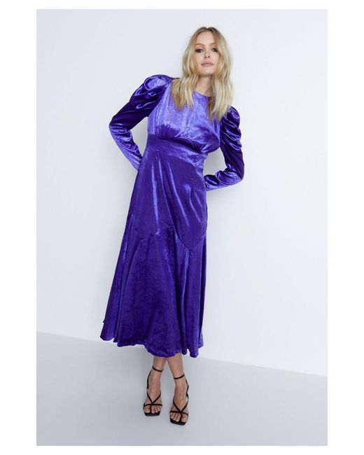 Warehouse Purple Tinsel Velvet Volume Sleeve Midi Dress