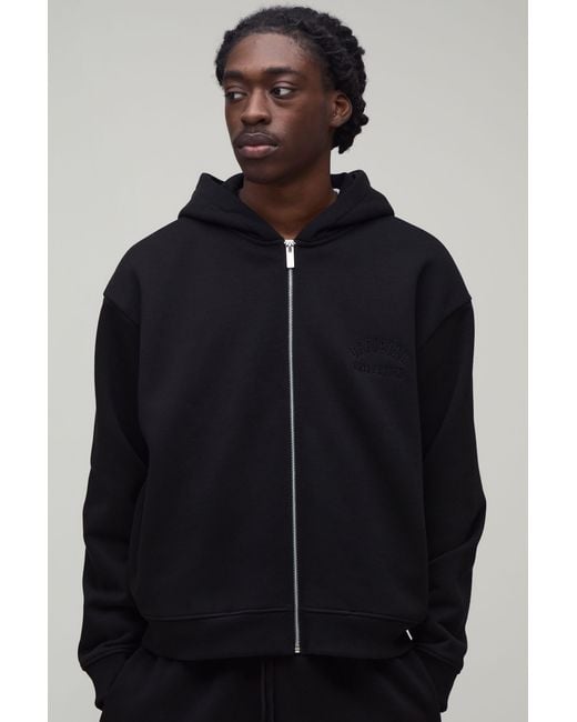 BoohooMAN Blue Heavyweight Embroidered Cropped Boxy Zip Through Hoodie for men