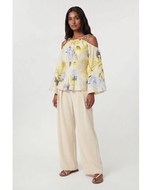 Karen Millen Natural Floral Off The Shoulder Shirred Woven Blouse Lyocell