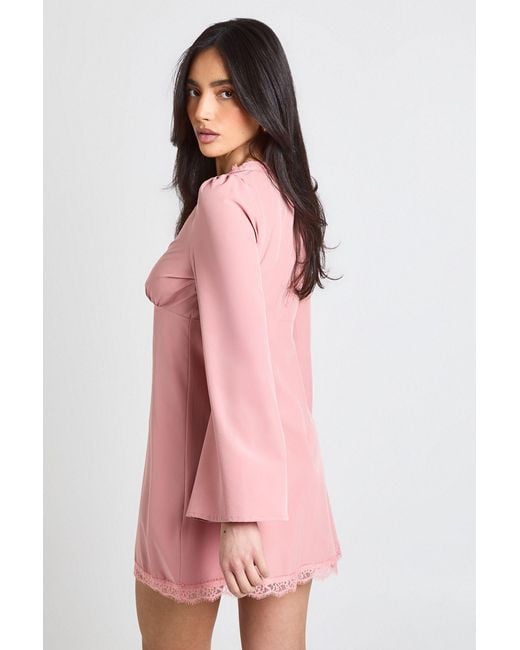 Boohoo Pink Flared Sleeve Lace Trim Mini Dress