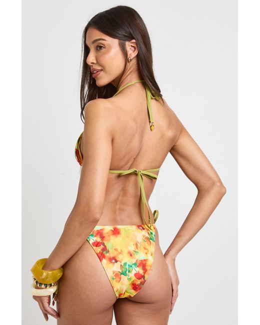 Boohoo Orange Abstract Floral Print Triangle Top And Tie Side Bikini Bottoms