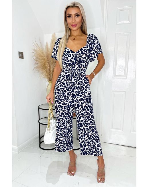 AX Paris Blue And Animal Print Short Sleeve Tie Front Jumpsuit