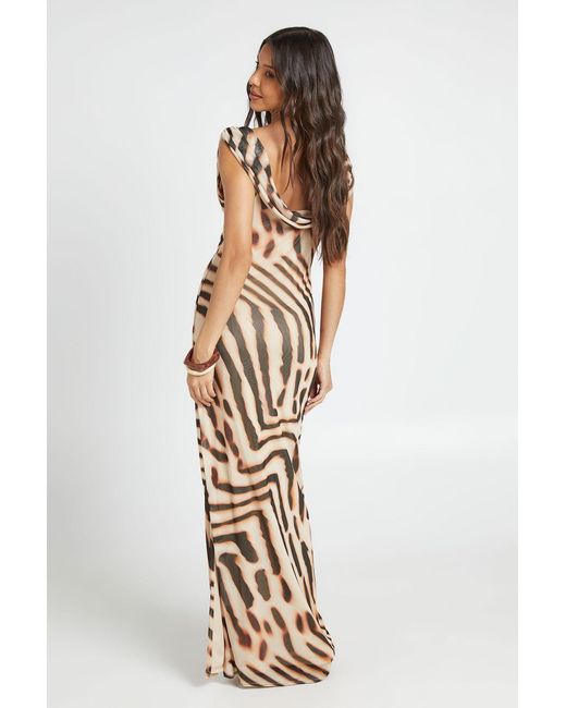 Boohoo Metallic Animal Printed Mesh Wide Cowl Maxi Dress