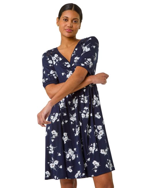 Roman Blue Floral Print Lace Trim Stretch Dress
