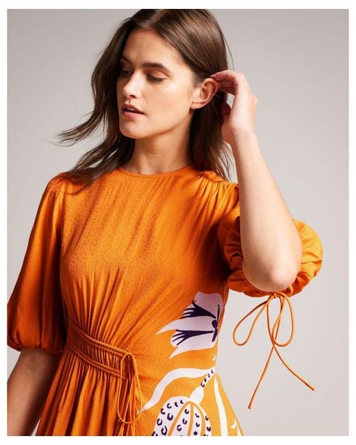 Ted Baker Orange Jeinay Printed Asymmetric Tie Midi Dress