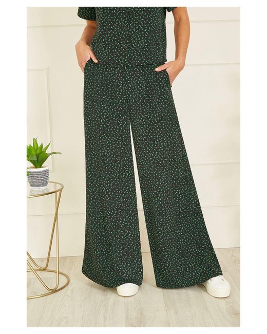 Yumi' Green Ditsy Floral Print Relaxed Wide Leg Trousers