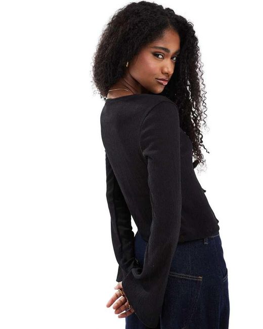 ASOS Black Texture Tie Front Top With Flute Sleeve