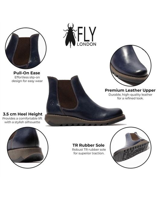 Fly London Blue Leather Chelsea Wedge Ankle Boots