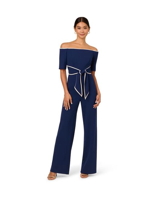 Adrianna Papell Blue Knit Crepe Tie Jumpsuit