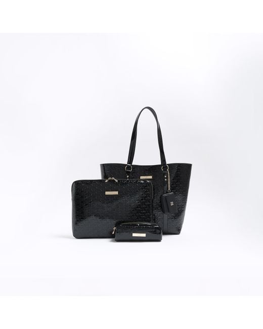 River Island Black Shopper Bag Bundle Patent Embossed Pu