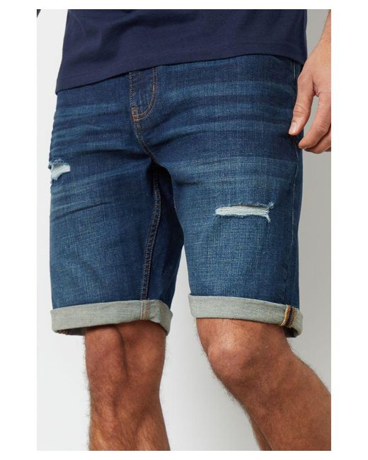 Threadbare Blue Mid 'Sherwood' Vintage Wash Ripped Denim Shorts for men