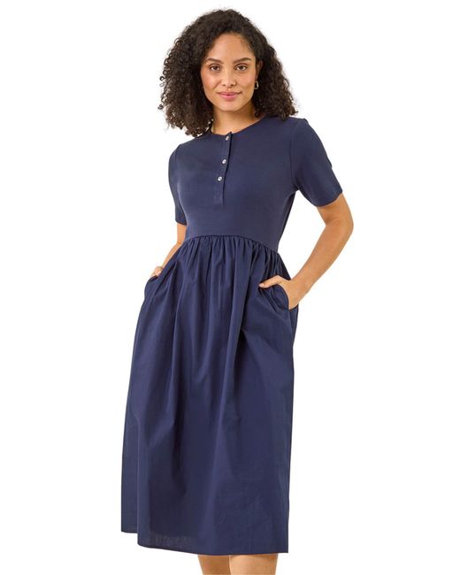 Roman Blue Buttoned Pocket Stretch Midi Dress