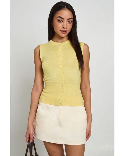 Boohoo Yellow Rib Knitted Button Through Cinched Hem Top
