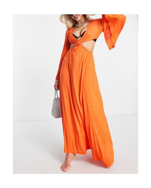 ASOS Orange exaggerated Sleeve Cut Out Waist Maxi Beach Dress